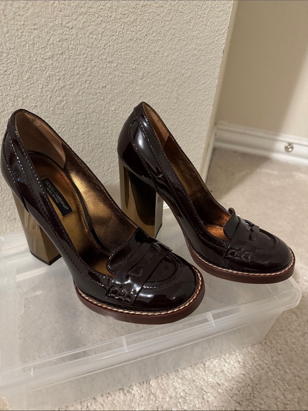 Dolce & Gabbana Brown Patent Leather Block Heel Loafers with Gold Heel